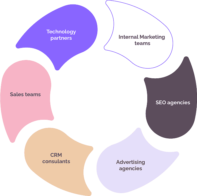 infographic of this content: "Internal marketing teams, SEO agencies, Advertising agencies, CRM consultants, Sales teams, Technology partners"